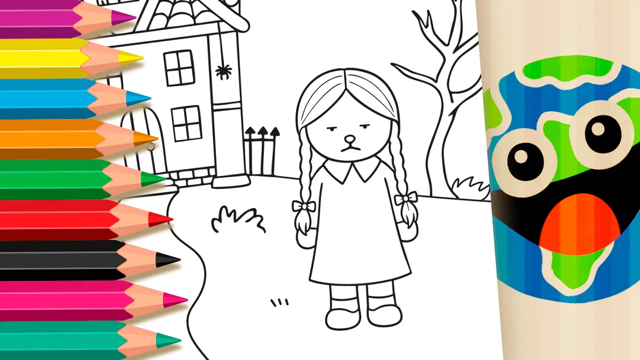 Desenho para colorir no estilo Desenho Kawaii de Wandinha Addams em frente a uma casa mal-assombrada, com morcegos e uma lápide.