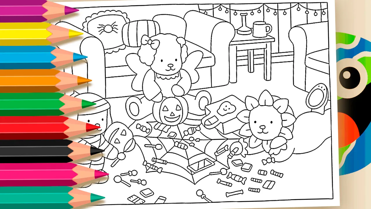 Desenho para colorir da Bobbie Goods mostrando personagens fantasiados de Halloween, com abóboras, teias de aranha e doces espalhados pelo chão.
