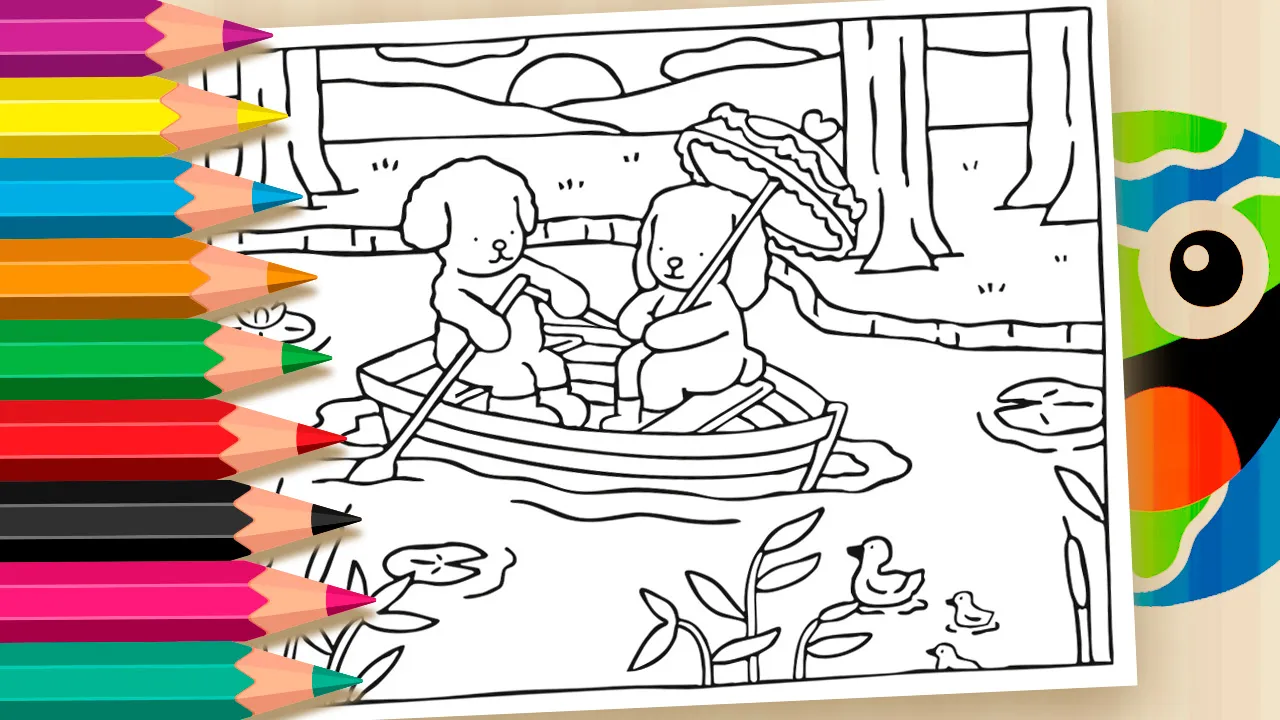 Desenho para colorir da Desenho Kawaii mostrando dois personagens fofinhos em um barco a remo em um lago, um segurando um guarda-chuva, com patinhos e plantas aquáticas ao redor.