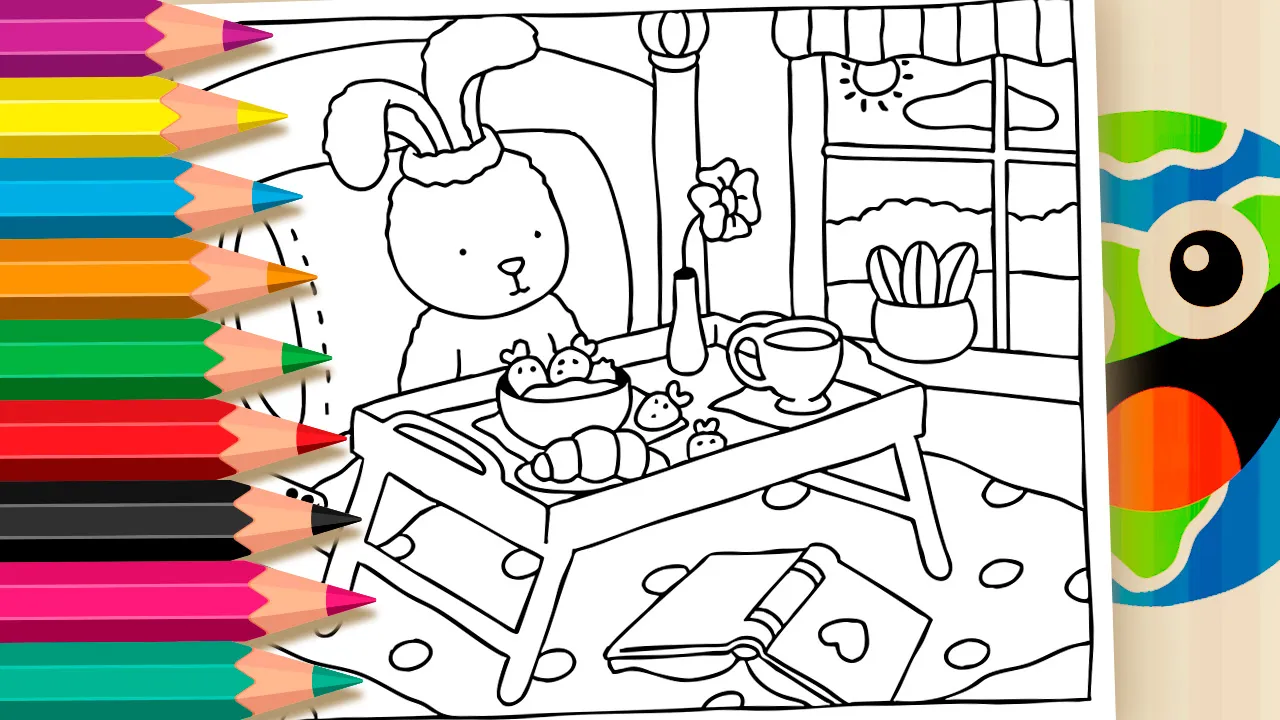 Desenho para colorir estilo Desenho Kawaii de um coelho fofo aproveitando um café da manhã aconchegante na cama, com uma bandeja cheia de delícias.