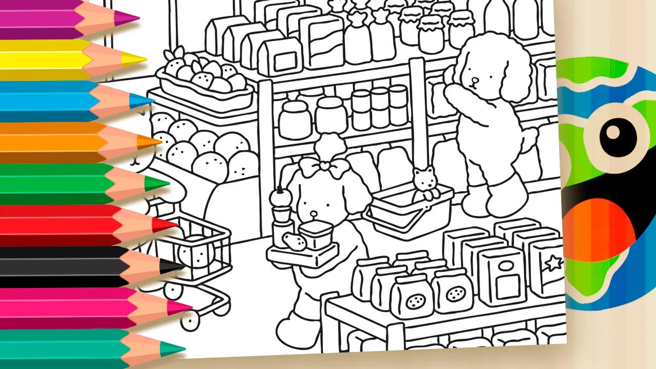 Desenho para colorir da Desenho Kawaii mostrando personagens em um supermercado, com um ursinho empurrando um carrinho de compras e outro cachorrinho pegando produtos das prateleiras.