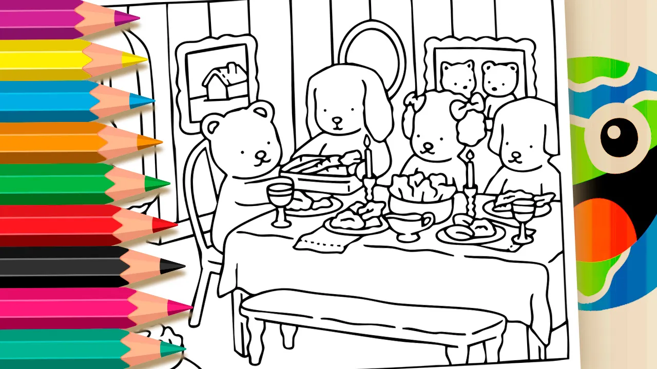 Desenho para colorir no estilo Desenho Kawaii de uma família de animais fofos reunida para um jantar especial e festivo ao redor de uma mesa farta.