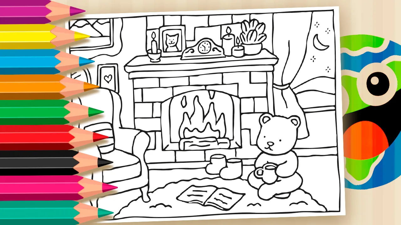 Desenho para colorir da Desenho Kawaii mostrando um ursinho fofinho sentado no chão em frente a uma lareira acesa, com um livro aberto e uma xícara, em uma sala aconchegante.