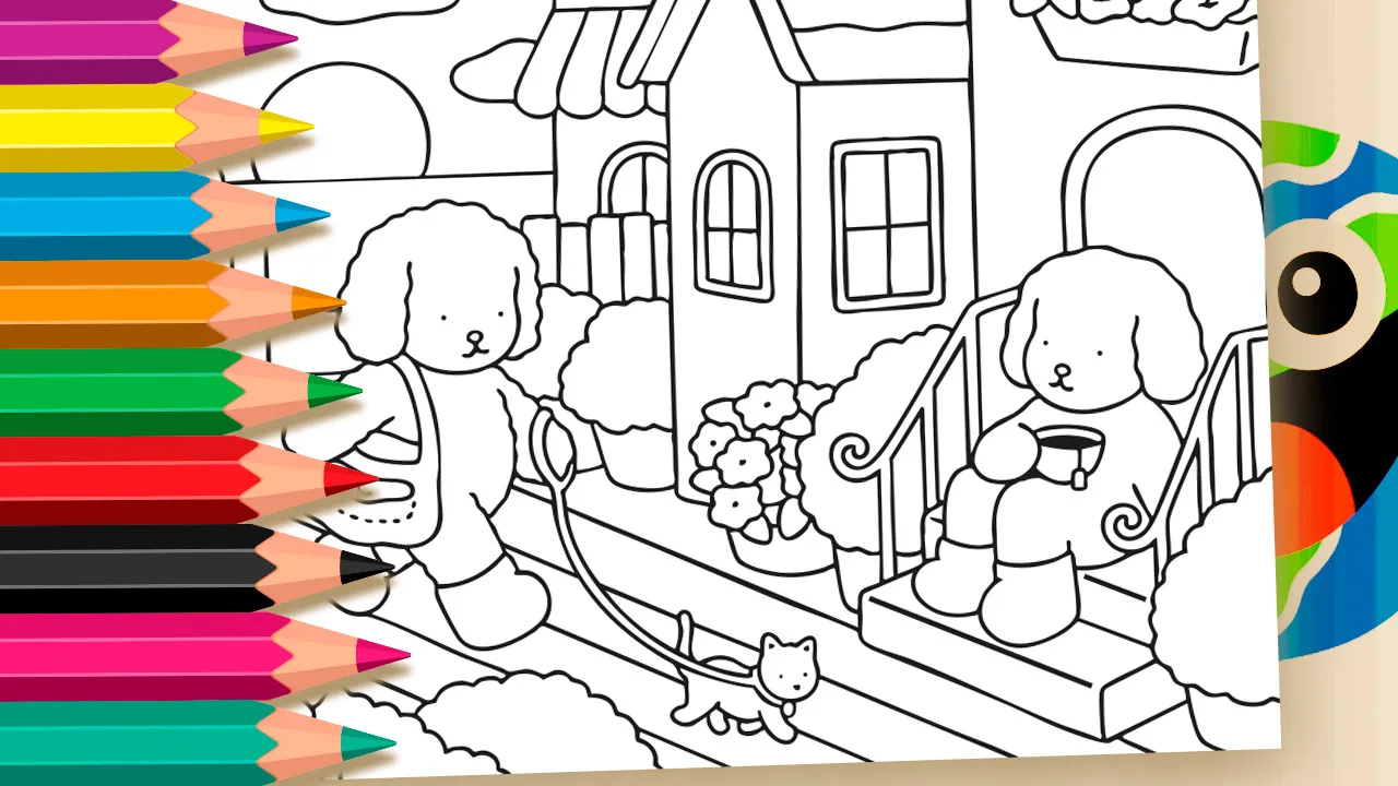 Desenho para colorir da Desenho Kawaii mostrando um cachorrinho passeando com um gatinho na coleira, e outro cachorrinho sentado na varanda de uma casa, com paisagem de praia ao fundo.