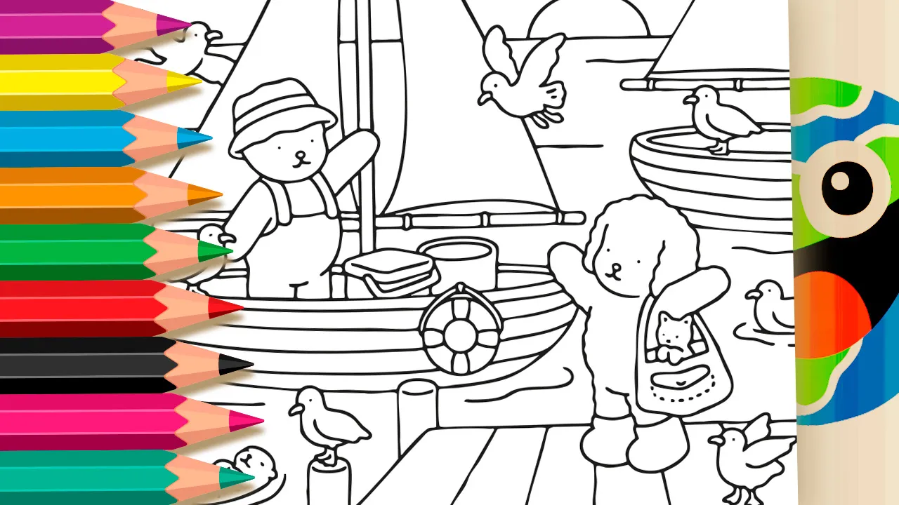 Desenho para colorir da Desenho Kawaii mostrando um adorável passeio de barco com personagens fofos navegando em águas tranquilas, perfeito para relaxar e estimular a criatividade