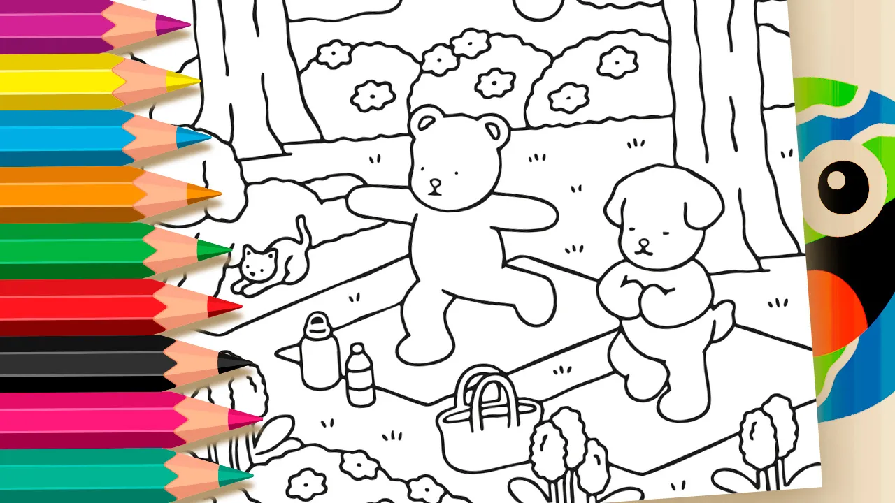 Desenho para colorir da Desenho Kawaii mostrando um ursinho, um cachorro e um gato praticando yoga em um parque, com árvores, flores e o sol ao fundo.