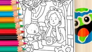 Desenho para colorir Desenho para Colorir: Garota e Ursinho na Janela