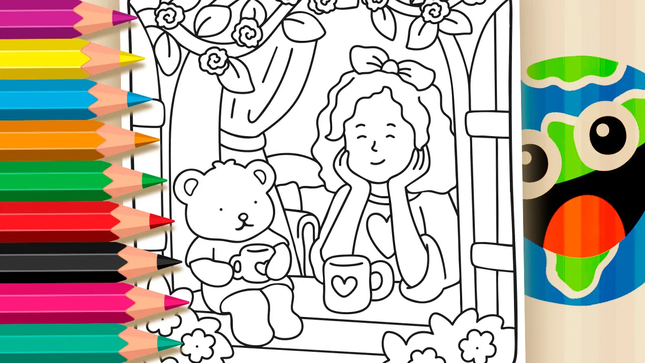 Desenho para Colorir: Garota e Ursinho na Janela