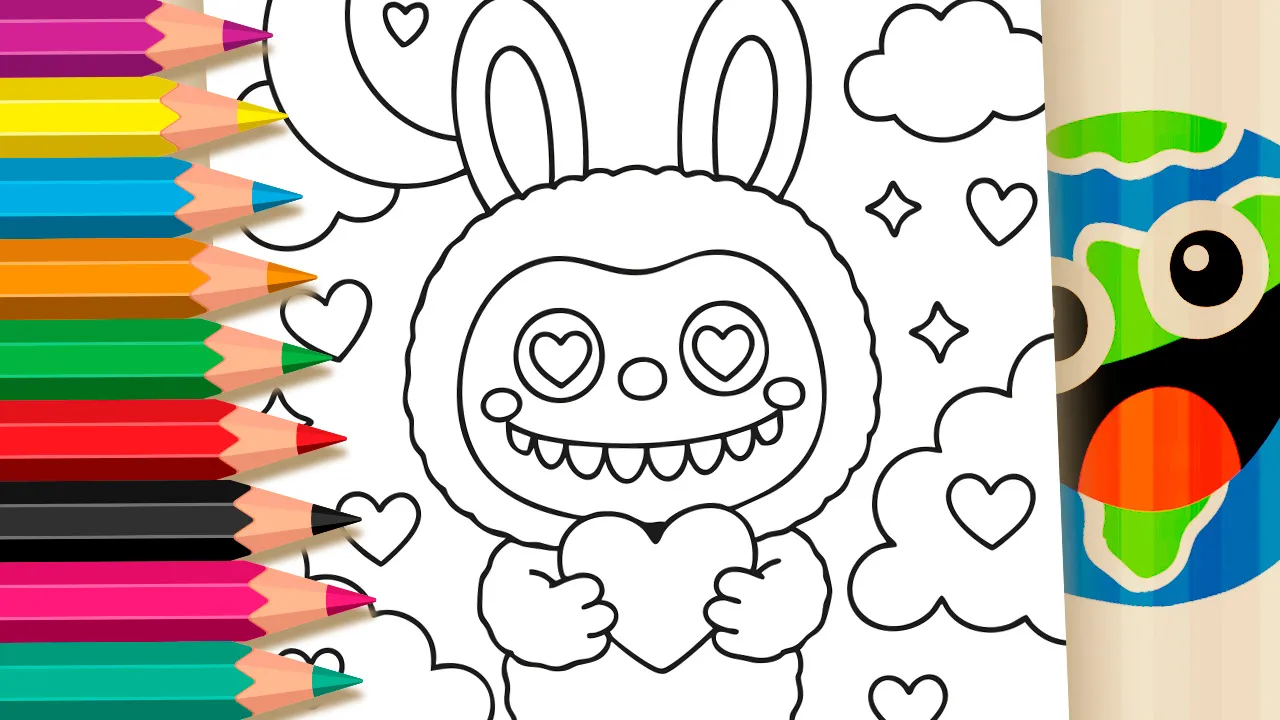 Desenho para colorir de LABUBU, um monstrinho fofo com olhos em formato de coração, segurando um grande coração, com lua, estrelas e nuvens em formato de coração ao redor.