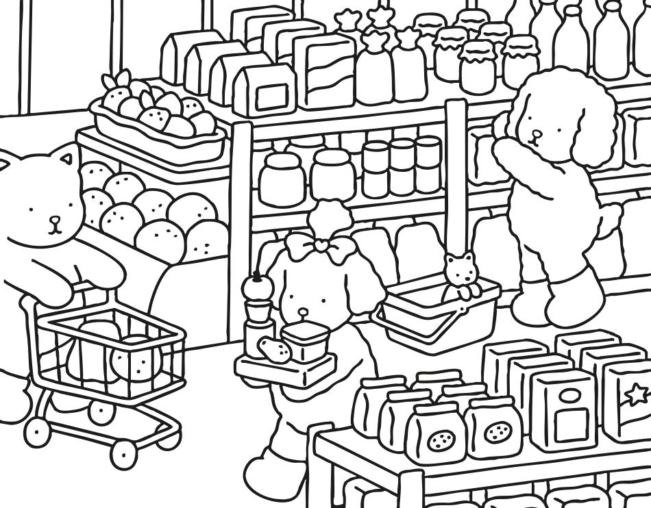 Desenho de   Kawaii Compras no Mercado para imprimir e colorir - PDF grátis para pessoas de todas as idades