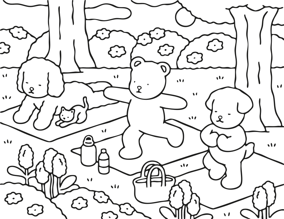 Desenho de   Kawaii Yoga no Parque para imprimir e colorir - PDF grátis para pessoas de todas as idades