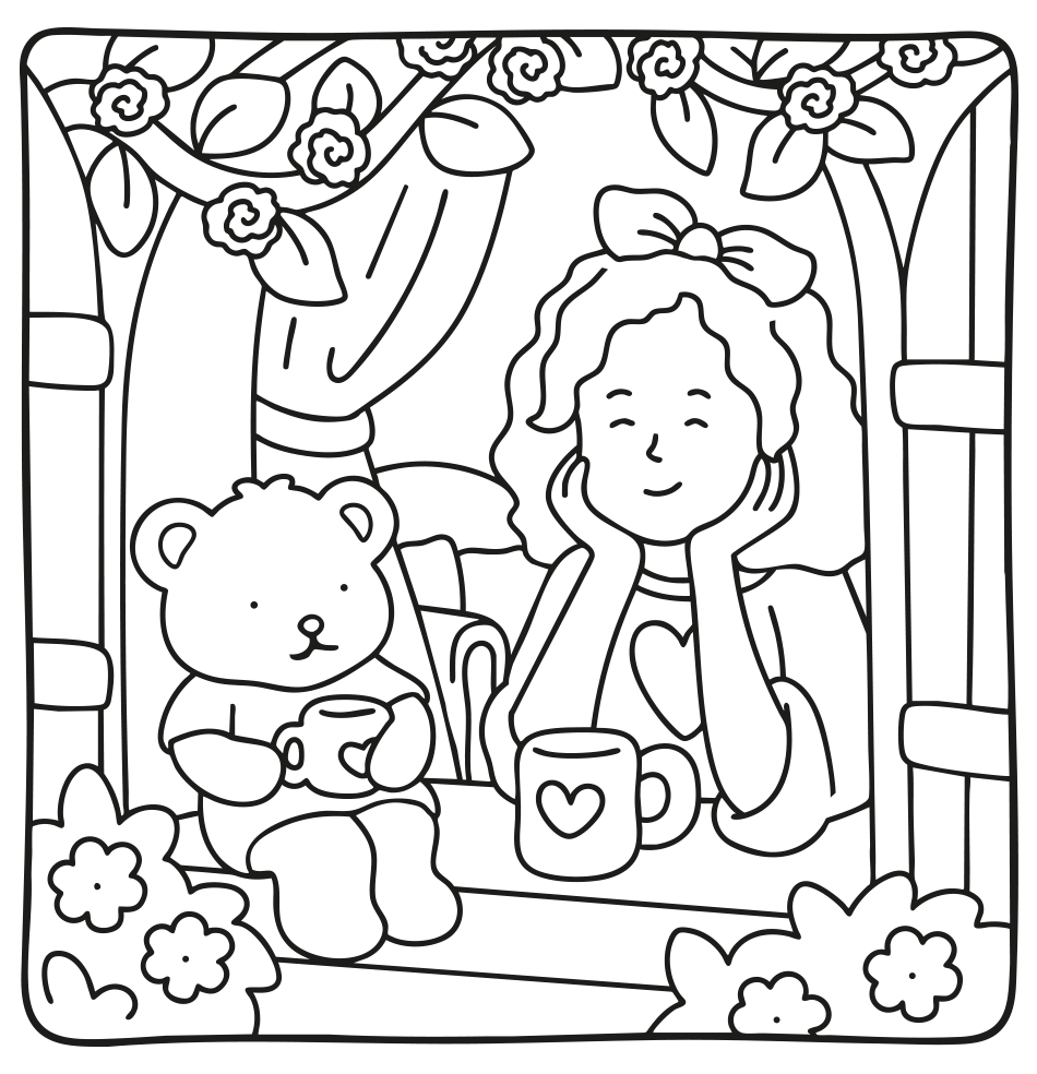 Desenho de Garota e Ursinho na Janela para imprimir e colorir - PDF grátis para pessoas de todas as idades