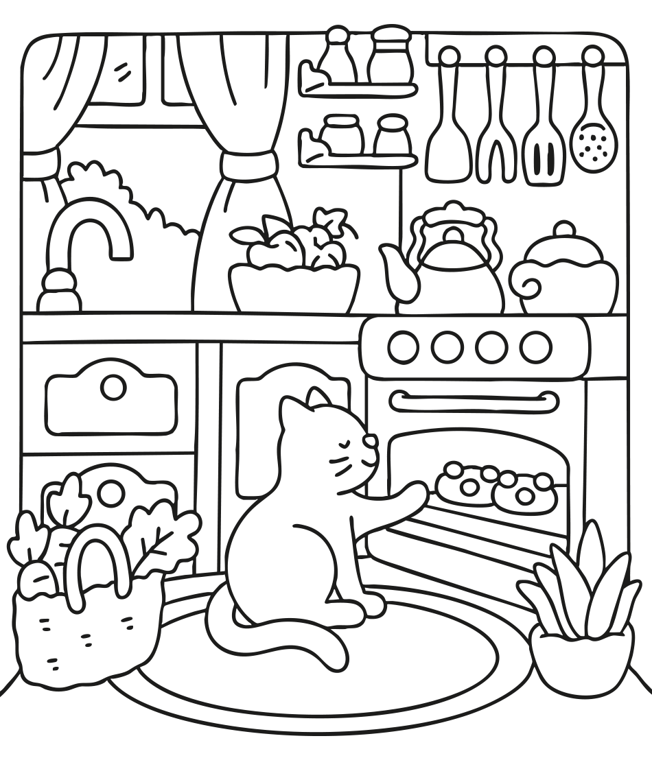 Desenho de O Gatinho Chef e Seus Biscoitos Mágicos: Uma Aventura para Colorir! para imprimir e colorir - PDF grátis para pessoas de todas as idades