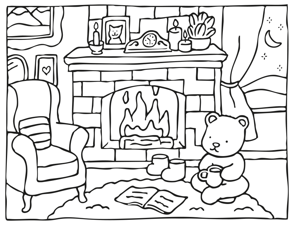 Desenho de Aconchego na Lareira com Kawaii para imprimir e colorir - PDF grátis para pessoas de todas as idades
