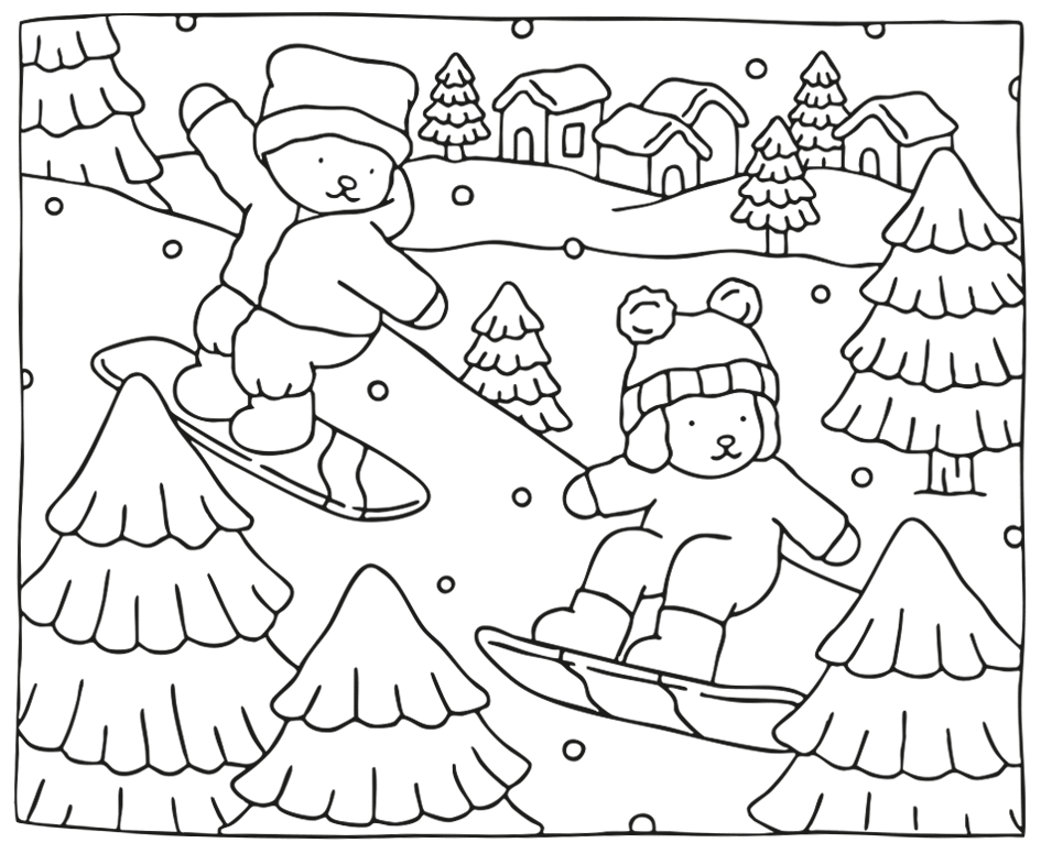 Desenho de Snowboard no Estilo  Kawaii para imprimir e colorir - PDF grátis para pessoas de todas as idades