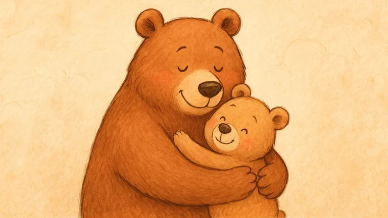 Ursinhos fofos, papai e filhote, em um abraço gostoso.