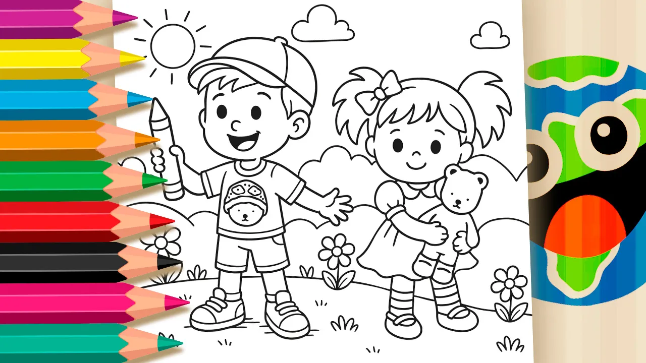 Desenho para colorir de Bobbie Goods com um menino segurando um lápis de cor gigante e uma menina abraçando um ursinho de pelúcia Bobbie Goods, celebrando o Dia das Crianças em um dia ensolarado. O menino veste uma camiseta com o rosto do ursinho Bobbie Goods estampado.
