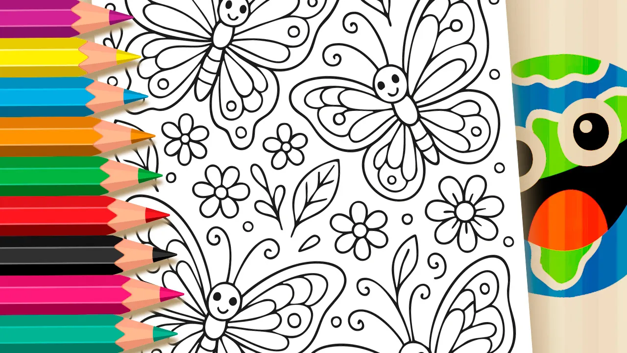 Desenho para colorir com 4 borboletas, flores e folhas; grátis para imprimir e atividade criativa - worldcoloring.com