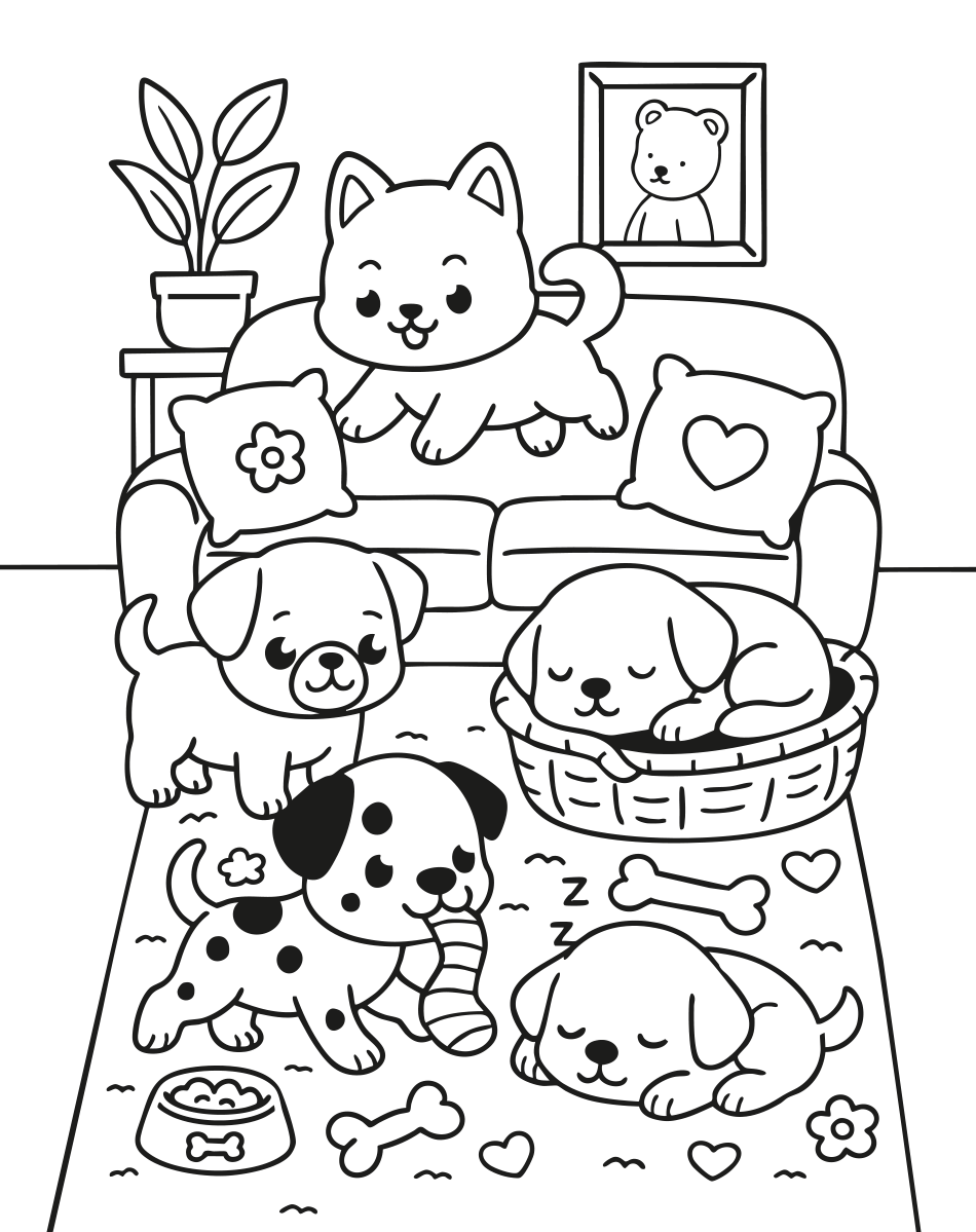 Desenho de Cachorrinhos Fofos Para Colorir pronto para imprimir e colorir