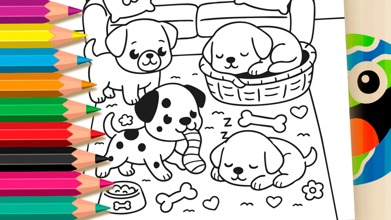 Um desenho de cachorrinhos para colorir com cinco filhotes numa sala, para a ferramenta online de preenchimento do MundoDosJogos.org.