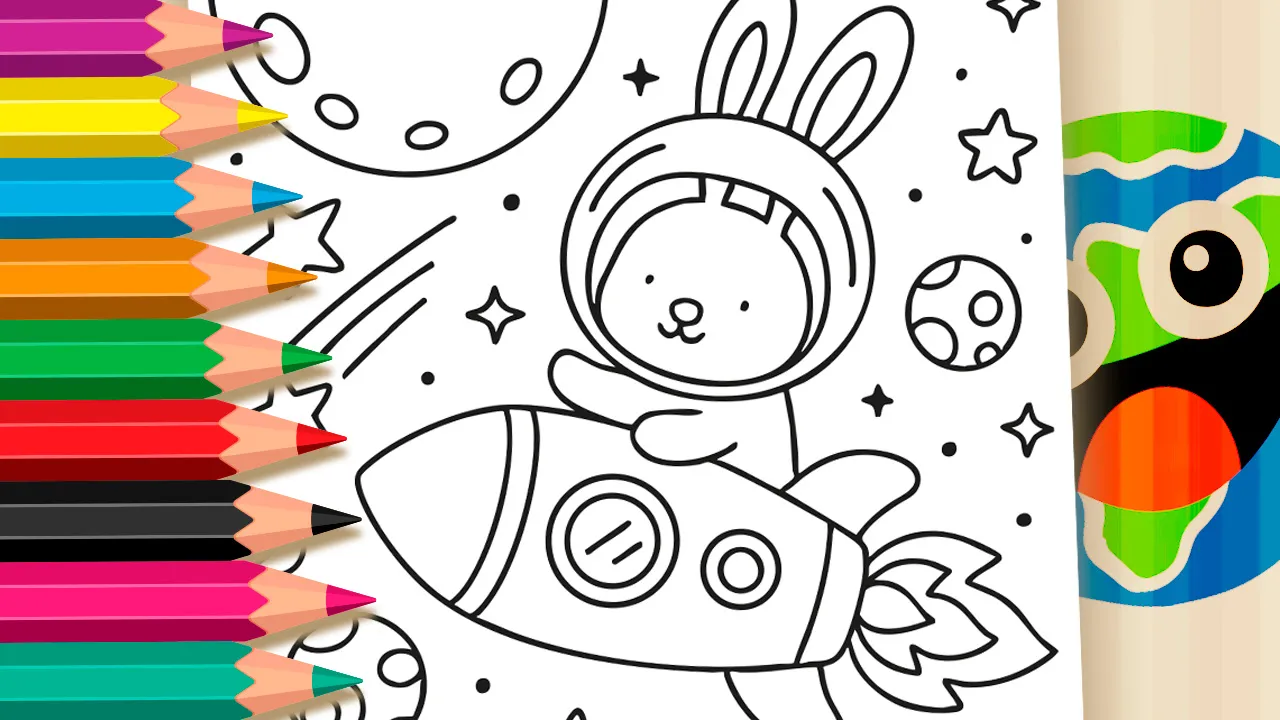 Desenho de um coelho espacial em um foguete e um alienígena para a ferramenta de colorir online do site mundodosjogos.org.