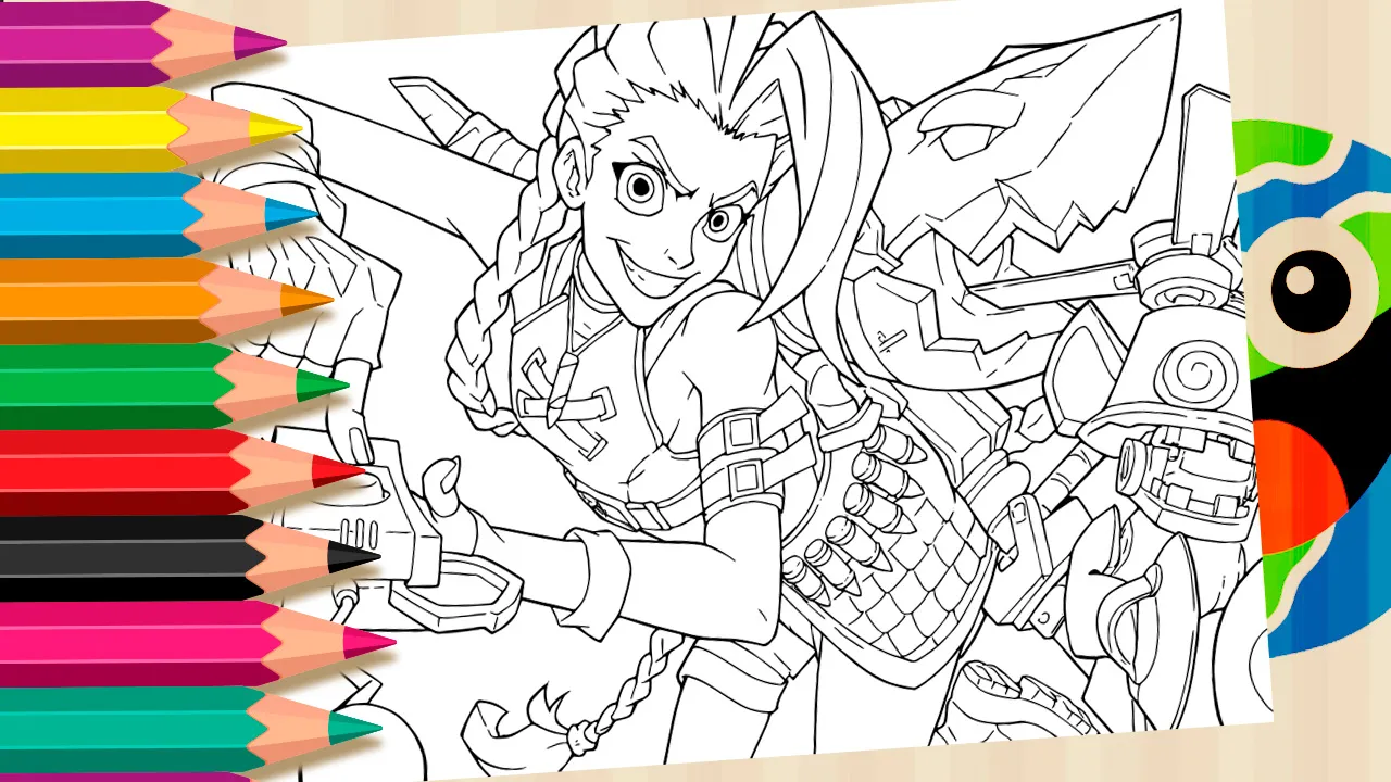 Desenho da Jinx de League of Legends e 2XKO, com tranças azuis, sorriso malicioso e olhos arregalados, apontando para um dispositivo, com sua arma Fishbones ao lado.