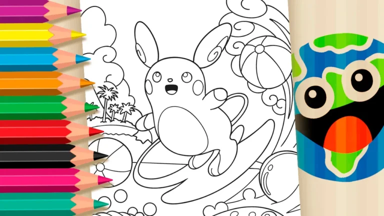 Desenho para colorir Desenho do Raichu de Alola Surfando para Colorir