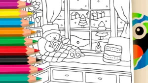 Desenho para colorir Desenho Kawaii: Um Refúgio Aconchegante em um Dia de Neve