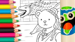 Desenho para colorir Desenho de Daenerys com Dragão Estilo Desenho Kawaii para Colorir
