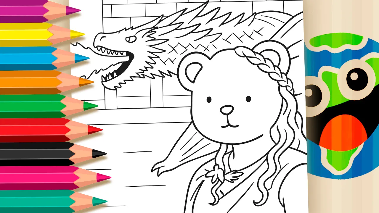 Urso estilo Desenho Kawaii vestido como Daenerys com tranças ao lado de um dragão cuspindo fogo, em cenário de castelo medieval, estilo linha preta para colorir.