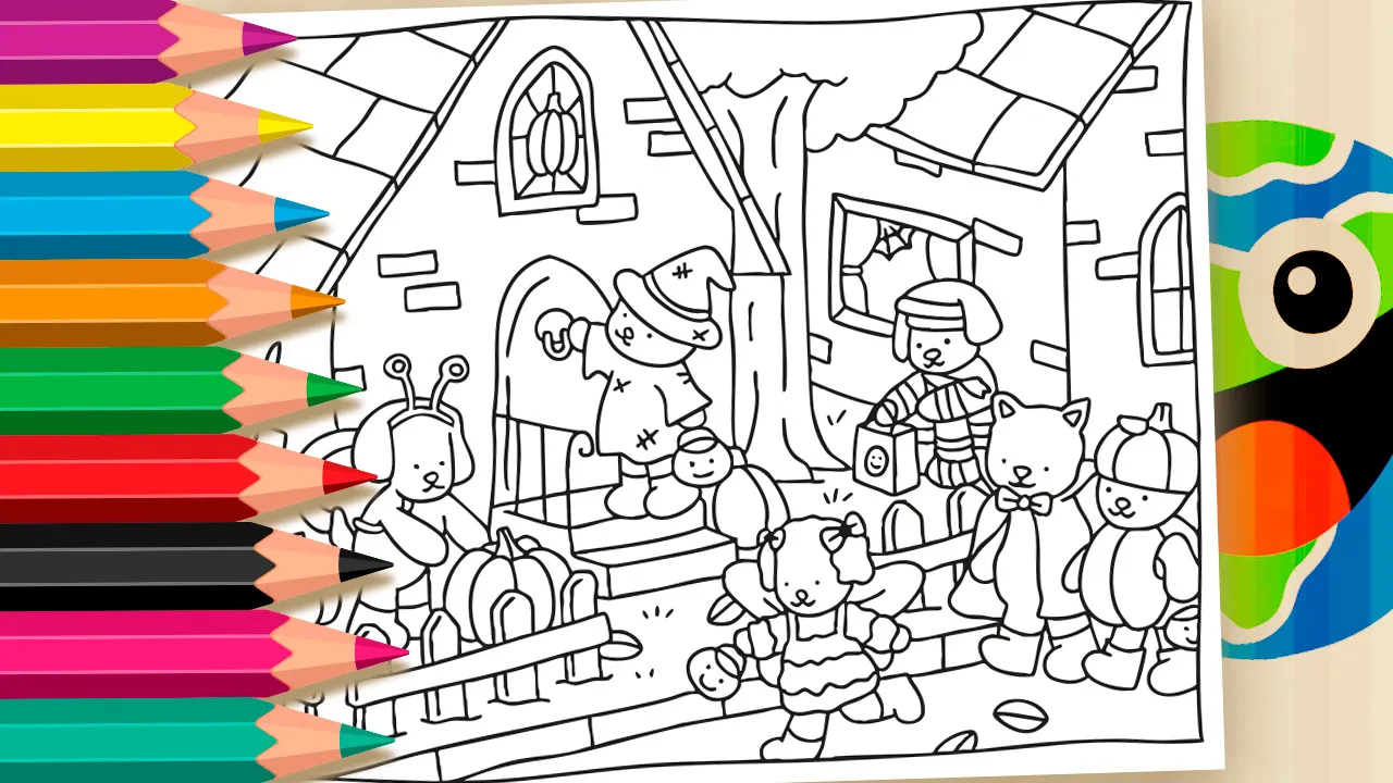 Desenho para colorir de Desenho Kawaii, exibindo tradição de halloween, no qual os bichinhos vão atrás de doces ou travessuras.