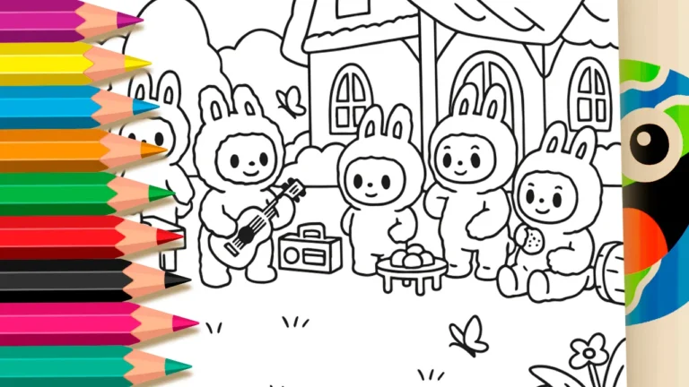 Desenho para colorir Uma Festa no Bosque com Labubu e a Turma dos Monstros!