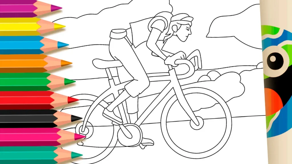 Desenho de um ciclista de estrada em estilo cartoon para colorir, com boné e colete, pedalando em uma paisagem campestre com nuvens e árvores.