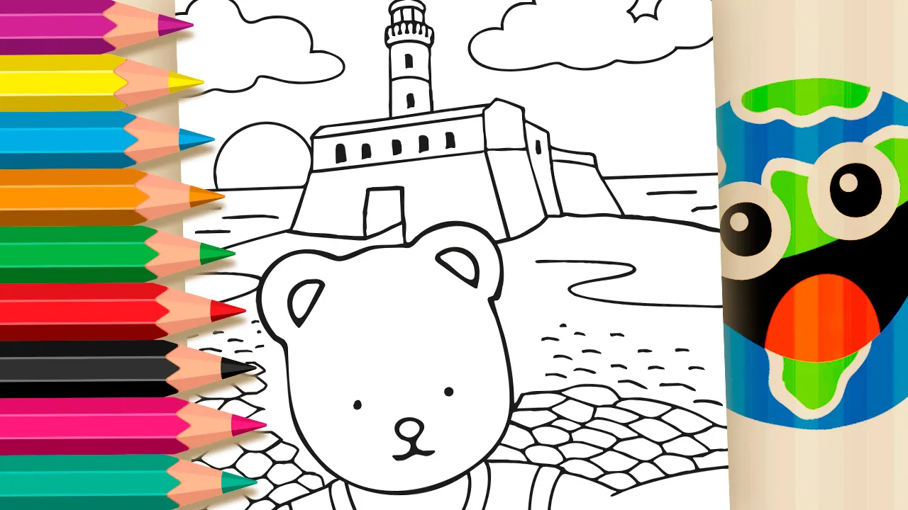 Desenho da Desenho Kawaii com um urso fofo em primeiro plano e o Farol da Barra em Salvador, Bahia, ao fundo, com o sol no horizonte e o mar.