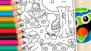 Desenho para colorir Desenho Kawaii e A Caça aos Ovos na Floresta da Primavera