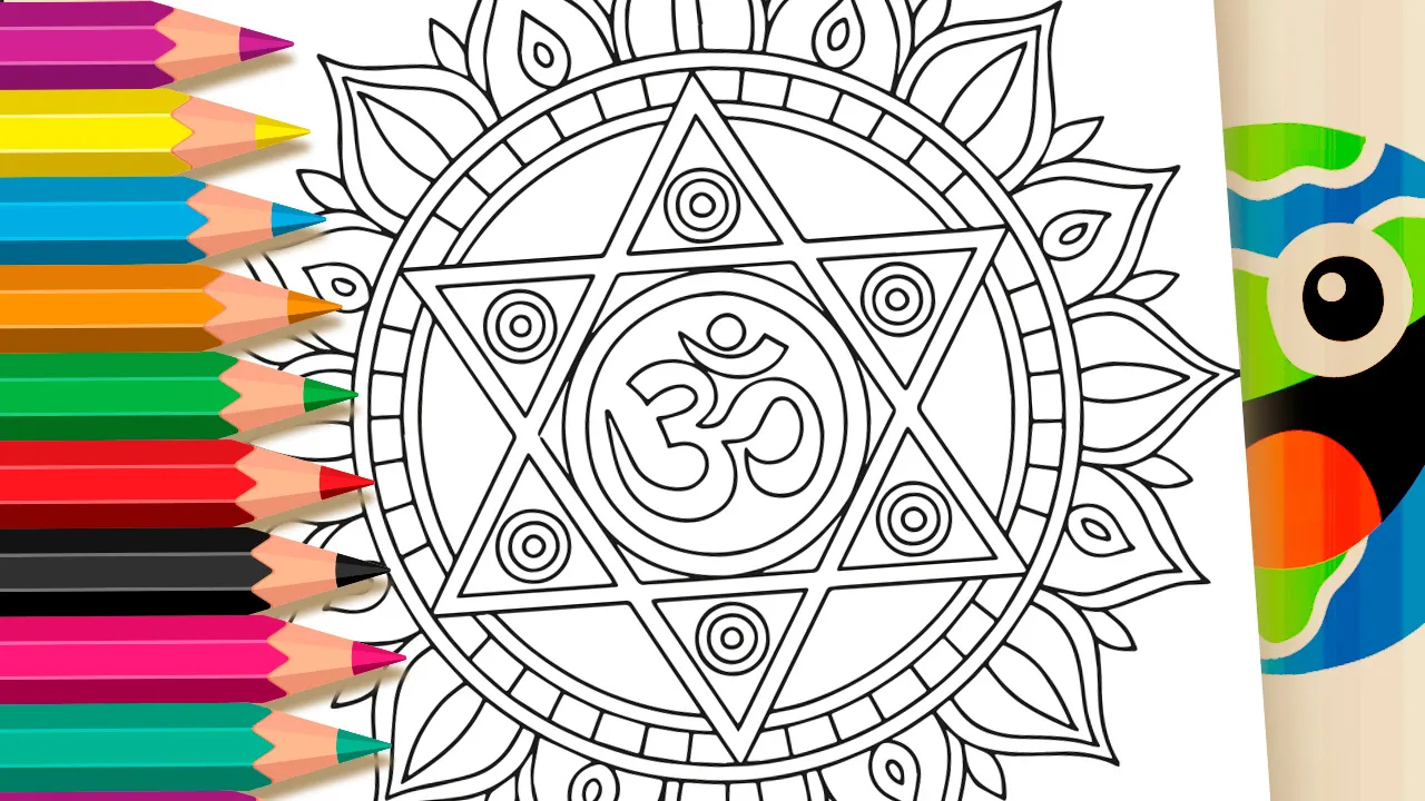 Página para colorir Mandala Om com padrões florais, geometria sagrada e símbolos espirituais. Atividade criativa grátis para imprimir do mundodosjogos.org.