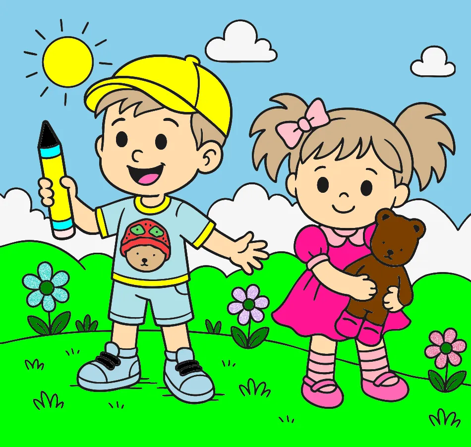 crianças brincando no jardim – Desenho Colorido Online - Imagem Destacada