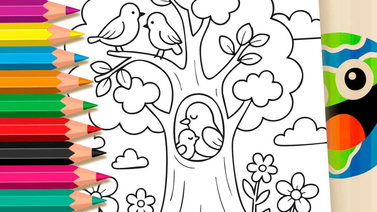 Desenho de uma família de pássaros fofos em uma árvore com sol sorrindo para colorir. Atividade criativa e grátis para imprimir do mundodosjogos.org.