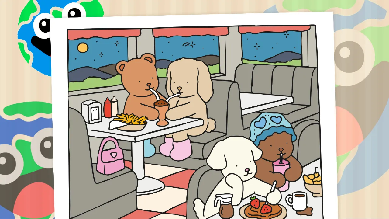 Desenho colorido estilo Bobbie Goods de bichinhos fofos em uma lanchonete, com milkshakes e panquecas, pintado online no mundodosjogos.org.