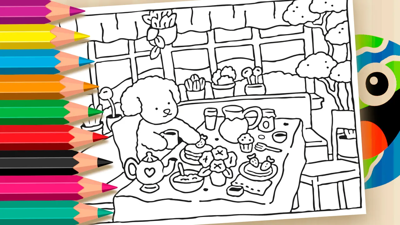 Desenho gratuito para colorir festa do chá Bobbie Goods com personagem fofo na cozinha e bule de chá no mundodosjogos.org