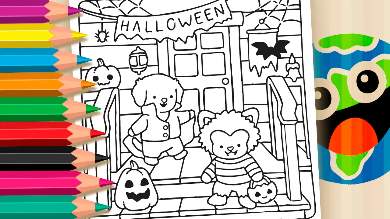 Desenho de Halloween para colorir online com personagens fantasiados no MundoDosJogos.org