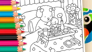 Desenho para colorir Desenho de Café da Manhã com Ursinho | Estilo Desenho Kawaii para Colorir Online e Imprimir Grátis
