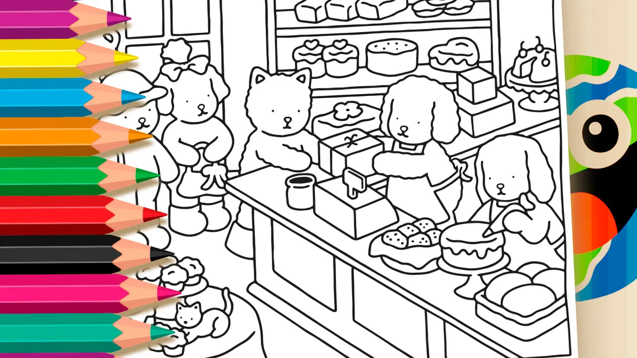 Página para colorir Desenho Kawaii com animais em confeitaria, bolos e tortas — grátis para imprimir mundodosjogos.org