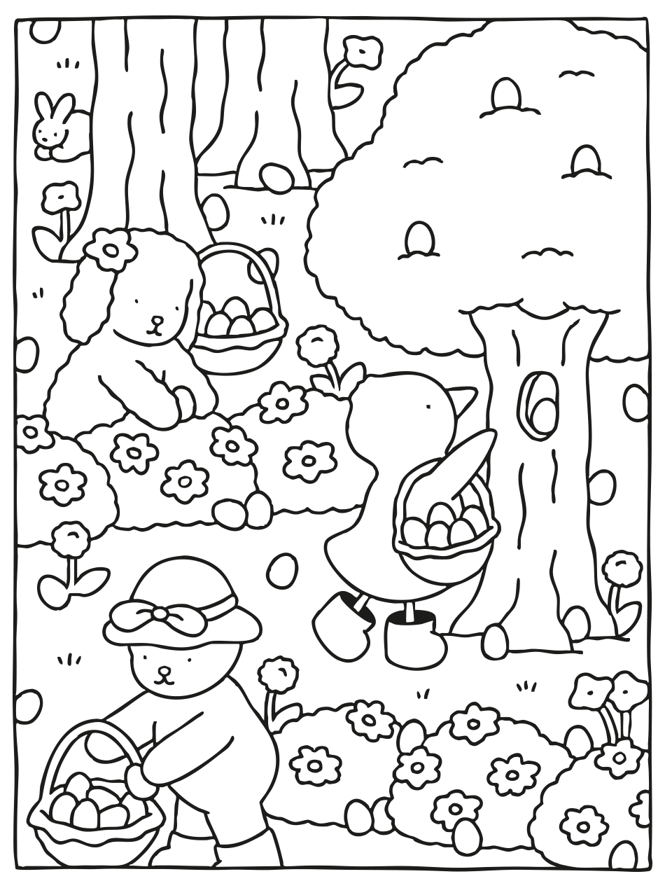 Desenho de Kawaii e A Caça aos Ovos na Floresta da Primavera para imprimir e colorir - PDF grátis para pessoas de todas as idades