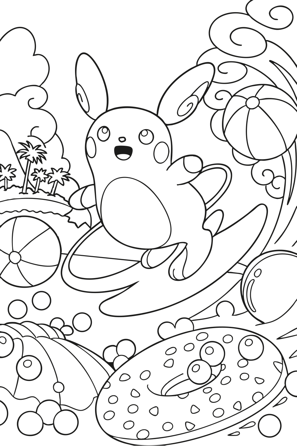 Desenho de do Raichu de Alola Surfando para Colorir para imprimir e colorir - PDF grátis para pessoas de todas as idades