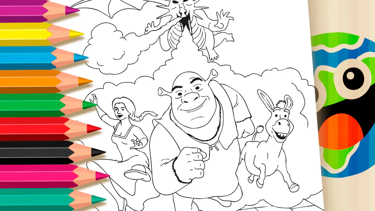 Shrek, Fiona e Burro escapam de um dragão neste desenho para colorir. Atividade criativa e grátis para imprimir de mundodosjogos.org.