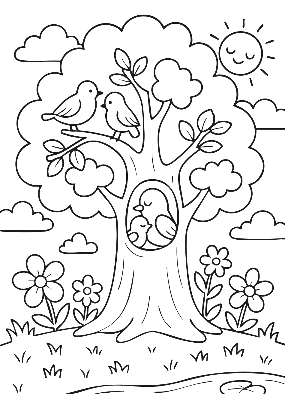 Desenho de Árvore e Pássaros para Colorir para imprimir e colorir - PDF grátis para pessoas de todas as idades