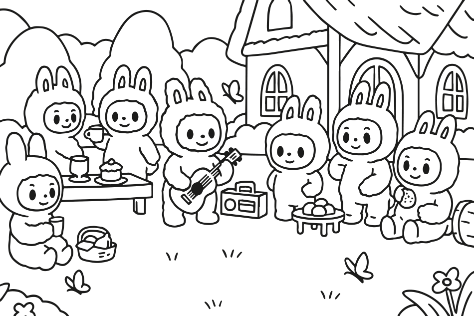 Desenho de Uma Festa no Bosque com Labubu e a Turma dos Monstros! para imprimir e colorir - PDF grátis para pessoas de todas as idades