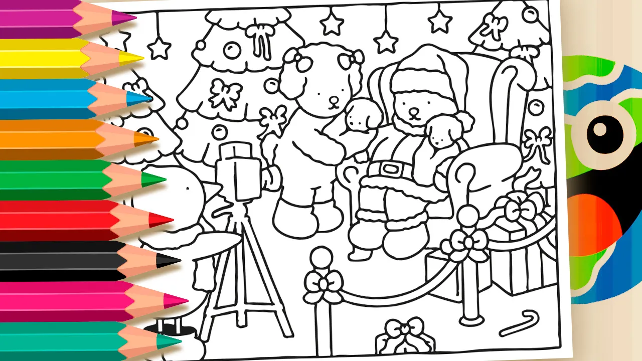 Desenho estilo Bobbie Goods com animais fofos tirando foto com o Papai Noel. Uma atividade criativa grátis para imprimir do site mundodosjogos.org.