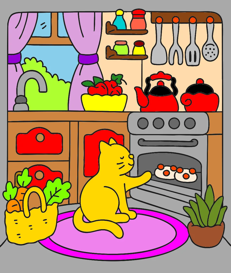 Gato na cozinha – Desenho Colorido Online - Imagem Destacada